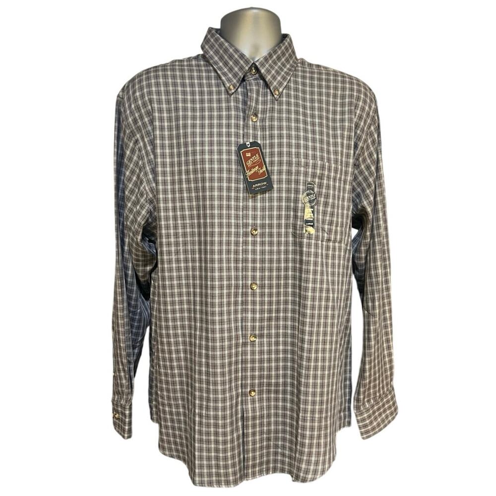 NWT Arrow Gray Checked Heritage Twill Wrinkle Free Soft Button Down Size L